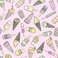 Hand drawn seamless pattern of different types of ice creams, powder, chocolate, strawberry on a pink background. Colorful sweet Royalty Free Stock Photo