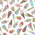 Hand drawn seamless pattern of different types of ice creams, powder, chocolate, strawberry on white background. Colorful sweet Royalty Free Stock Photo