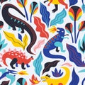 Hand drawn seamless pattern with dinosaurs and abstract leaves and flowers. Perfect for kids fabric, textile, nursery wallpaper. Royalty Free Stock Photo