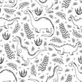 Hand drawn seamless pattern with dinosaurs and exotic leaves. Royalty Free Stock Photo