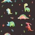 Hand drawn seamless pattern with dinosaurs and floral elements. Cute watercolor illustration design. Royalty Free Stock Photo