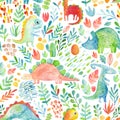 Hand drawn seamless pattern with dinosaurs and floral elements. Cute watercolor illustration design. Royalty Free Stock Photo