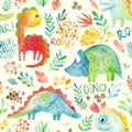 Hand drawn seamless pattern with dinosaurs and floral elements. Cute watercolor illustration design.