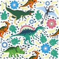 Hand drawn seamless pattern with dinosaurs and tropical leaves and flowers. Cute dino design. Royalty Free Stock Photo
