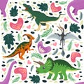 Hand drawn seamless pattern with dinosaurs and tropical leaves and flowers. Cute dino design. Royalty Free Stock Photo