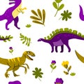 Hand drawn seamless pattern with dinosaurs and tropical leaves and flowers. For kids fabric, textile, nursery wallpaper Royalty Free Stock Photo