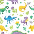 Hand drawn seamless pattern with dinosaurs and tropical leaves and flowers. For kids fabric, textile, nursery wallpaper Royalty Free Stock Photo