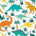 Hand drawn seamless pattern with dinosaurs and tropical leaves and flowers. Perfect for kids fabric, textile, nursery Royalty Free Stock Photo