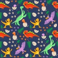 Hand drawn seamless pattern with dinosaurs and tropical leaves and footprints Royalty Free Stock Photo