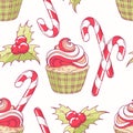 Hand drawn seamless pattern with doodle christmas cupcake, holly, candy cane and buttercream. Food background