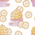 Hand drawn seamless pattern with doodle cupcake and banana buttercream. Food background Royalty Free Stock Photo