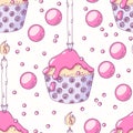 Hand drawn seamless pattern with doodle cupcake, birthday candle and buttercream. Food background Royalty Free Stock Photo