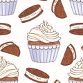 Hand drawn seamless pattern with doodle cupcake, chocolate cookie and buttercream. Food background