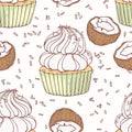 Hand drawn seamless pattern with doodle cupcake, coconut and buttercream. Food background Royalty Free Stock Photo
