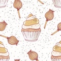 Hand drawn seamless pattern with doodle cupcake and poppy buttercream. Food background