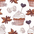 Hand drawn seamless pattern with doodle cupcake, stars of anise, licorice candy and buttercream. Food background