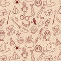 Hand drawn seamless pattern doodle magic things from a wizard schoo