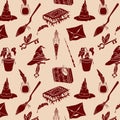 Hand drawn seamless pattern doodle magic things from a wizard school.