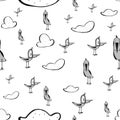 Hand-drawn seamless pattern with doodles birds and clouds You can use infinite texture to print on fabric, web page