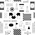 Hand drawn seamless pattern with elements of different board games. Doodle style. Sketch. Vector.