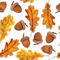 Hand drawn seamless pattern with fall autumn leaf leaves berry berries, maple oak acorn. Natural wild forest wood Royalty Free Stock Photo