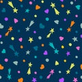 Hand drawn seamless pattern. Falling stars, hearts and circles on a dark blue background.