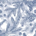 Hand drawn seamless pattern with fir, pine, cedar branches and cones. Detailed realistic background with evergreen