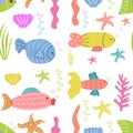 Hand drawn seamless pattern of fish, seaweed, seashells for nursery design.