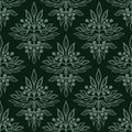 Hand drawn seamless pattern with floral damask ornament on dark green background. Leaves berries forest print in retro Royalty Free Stock Photo