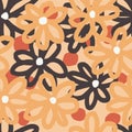 Hand drawn seamless pattern with floral flowers in beige orange fall autumn colors. Red berries, orange leaves, retro Royalty Free Stock Photo