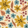 Hand drawn seamless pattern with floral flowers in yellow mustard, beige blue. Red berries, orange leaves, retro vintage Royalty Free Stock Photo