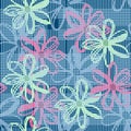 Hand-drawn seamless pattern with floral print. Abstract multi-colored doodle flowers on  blue background. Royalty Free Stock Photo