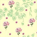 Hand-drawn seamless pattern with floral print. Abstract pink small flowers and twigs with leaves on  yellow background. Royalty Free Stock Photo