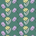 Hand-drawn seamless pattern with floral print. Abstract pink and yellow daisies on green background. Small contour flowers in  rus Royalty Free Stock Photo