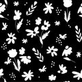 Hand-drawn seamless pattern with floral print. Abstract white flowers on  black background. Royalty Free Stock Photo