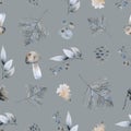 Hand-drawn seamless pattern with flowers, leaves, berries, birds. Winter floral background Royalty Free Stock Photo