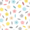 Hand drawn seamless pattern with flowers and leaves. Cute floral background. Trendy creative graphic design