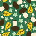 Hand drawn seamless pattern with forest mushroom fungi in brown yellow leaves on dark green background. Toadstool toxic Royalty Free Stock Photo