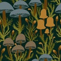 Hand drawn seamless pattern with forest mushroom fungi in grey blue brown on dark green moss background. Toadstool toxic