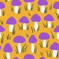 Hand drawn seamless pattern with forest mushroom fungi in pirple yellow leaves on yellow background. Toadstool toxic Royalty Free Stock Photo