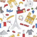 Hand drawn seamless pattern with France symbols - Eiffel tower Moulin Rouge Triumphal arch, champagne bike flag