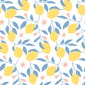 Hand drawn seamless pattern with fresh lemons, leaves and flowers. Royalty Free Stock Photo