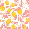 Hand drawn seamless pattern with fresh lemons, pink leaves with flowers. Colorful summer wallpaper. Royalty Free Stock Photo