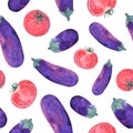 Hand-drawn seamless pattern of fresh tomatoes and eggplants.