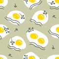 Hand drawn seamless pattern with fried eggs and greenery. Aesthetic meal print for T-shirt, fabric, textile. Doodle vector Royalty Free Stock Photo