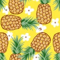 Hand drawn seamless pattern of fruit pineapple tropical jungle, summer cute character. Cartoon yellow design for