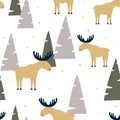 Hand drawn seamless pattern with funny elk in a forest Royalty Free Stock Photo