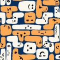 Hand drawn seamless pattern with funny geometric tetris shapes in yellow orange blue white black. Cute faces monsters