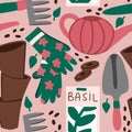 Hand drawn seamless pattern with garden gardening tools gloves shovel rake seeds in pink green beige. Spring nature