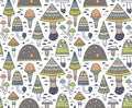 Hand drawn seamless pattern with geometric ornamental mushroom and toadstools. Vector illustration.